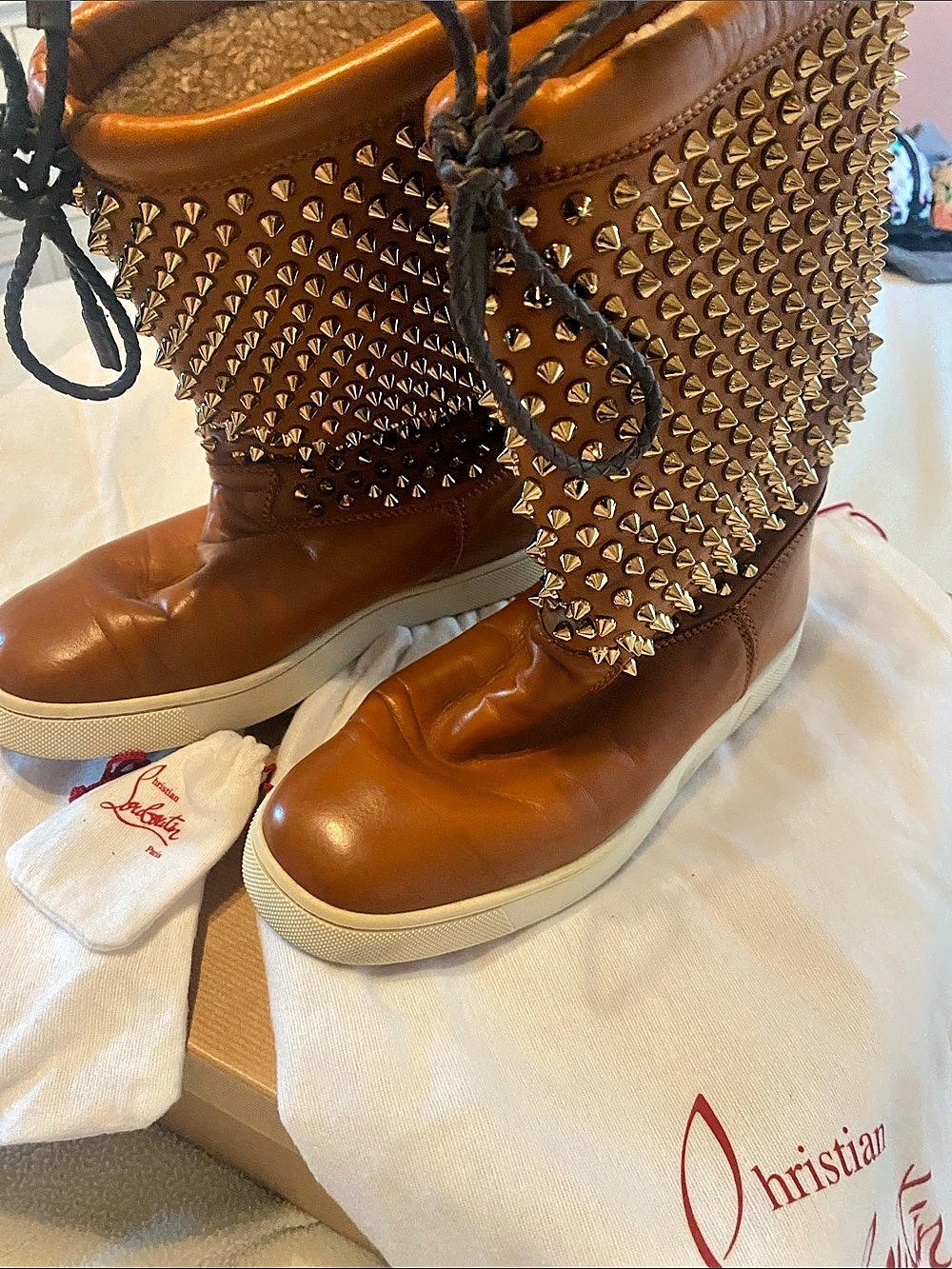Christian Louboutin Suri Apowyn Flat Nappa/Shearl/Spikes Studded Flat Boots in - Picture 1 of 11